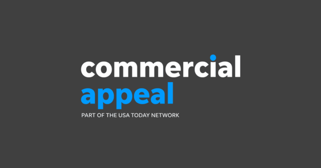 The image displays the words "commercial appeal" with "commercial" in white and "appeal" in blue, set against a dark gray background. Below, it says "PART OF THE USA TODAY NETWORK" in smaller white text.