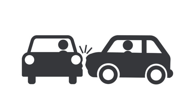 Simple black and white illustration of two cars in a collision, with stylized figures inside each vehicle and marks indicating the point of impact at the front of one car and side of the other.